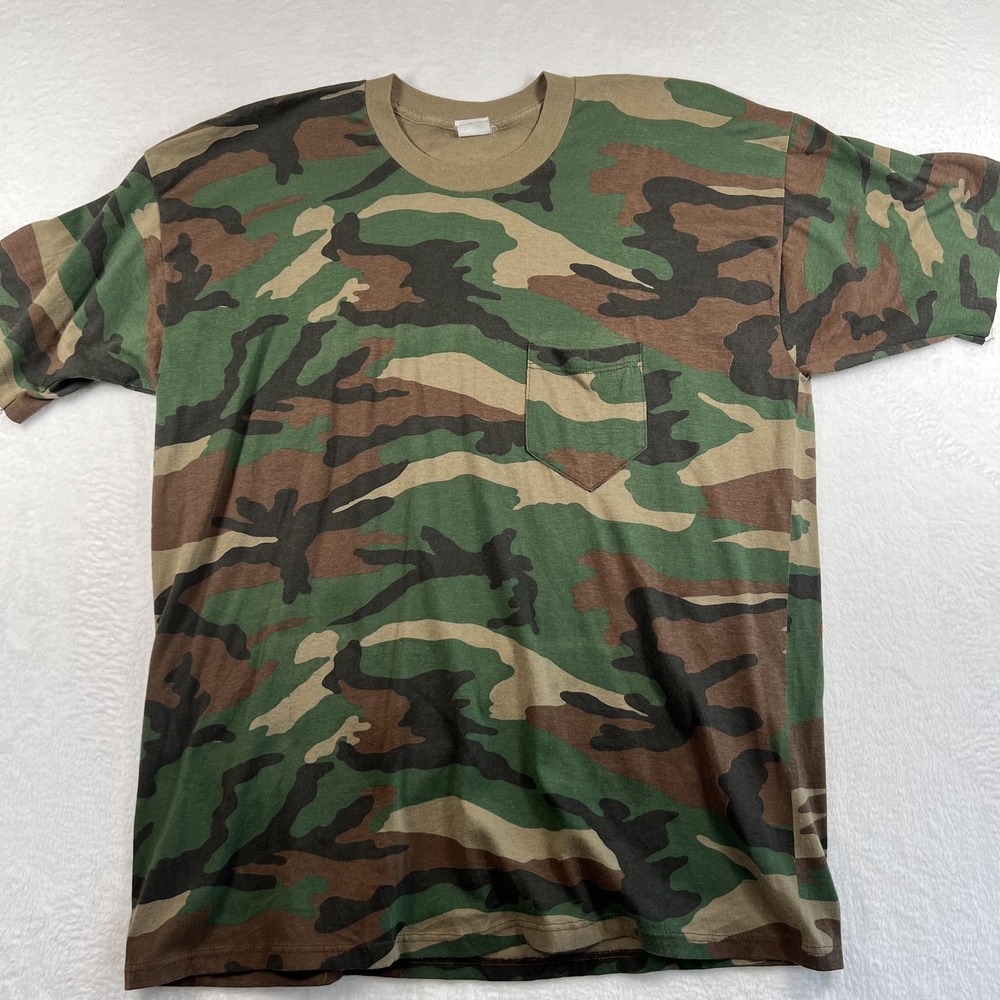 Vintage Duck Bay Shirt Mens XL Green Camo Pocket Hunting Outdoor‎ Tee 80s